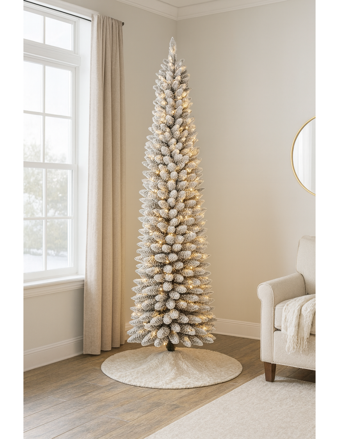 Albero Silvestre floccato, 180 cm altezza e diametro 55cm, 250 LED bianco caldo, giochi di luce, la magia di Natale